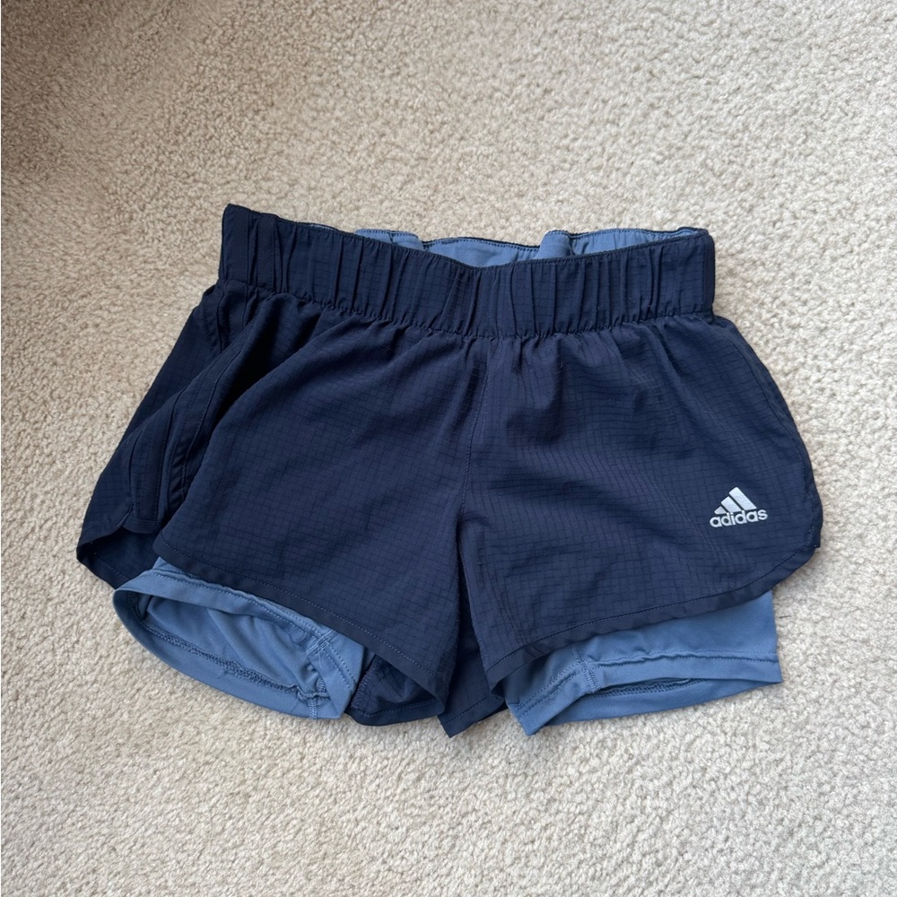 adidas Women's Navy Double-Layer Athletic Shorts with Light Blue Liner